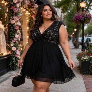 Penningtons Plus Size Black & Cream Lace Dress Romantic Sheer Overlay Fit&Flare